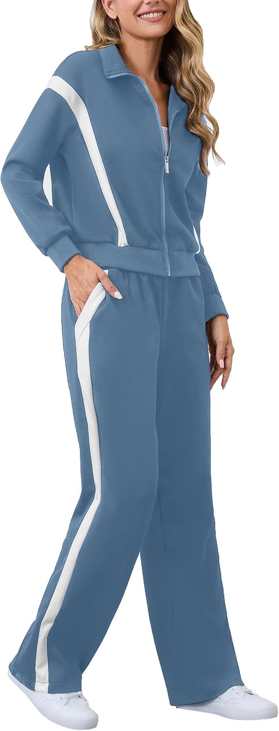 Lounge Sets for Women Sweatsuits 2 Piece Outfits Zip Up Sweatshirt Striped Wide Leg Sweatpants Tracksuit Matching Set