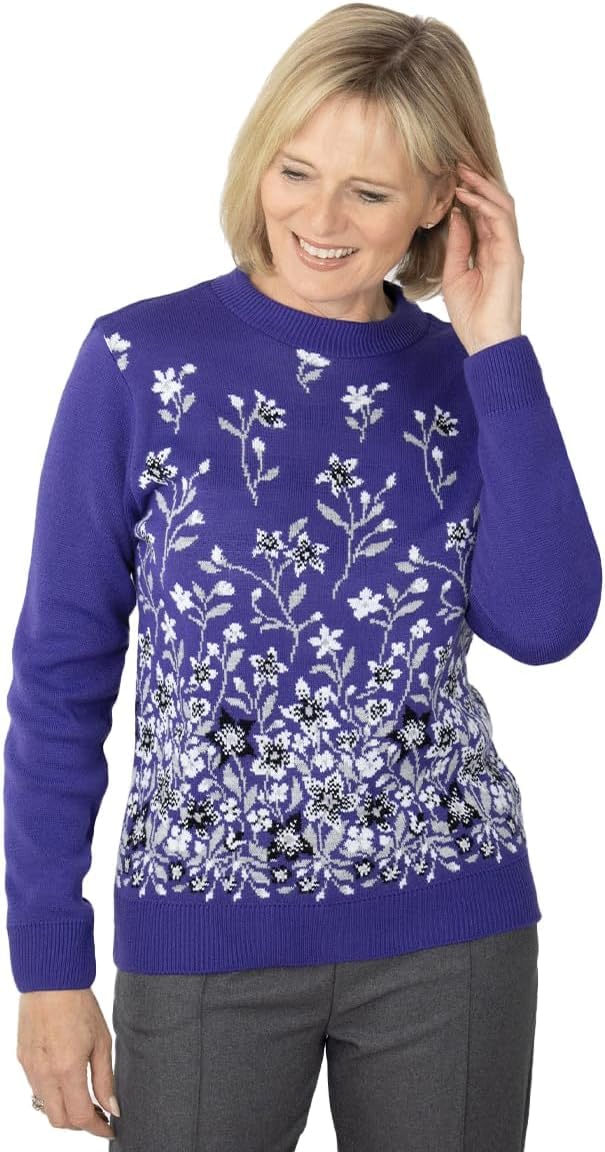 Fashion Friendly Floral Crew Neck Jumper Purple Extra Large