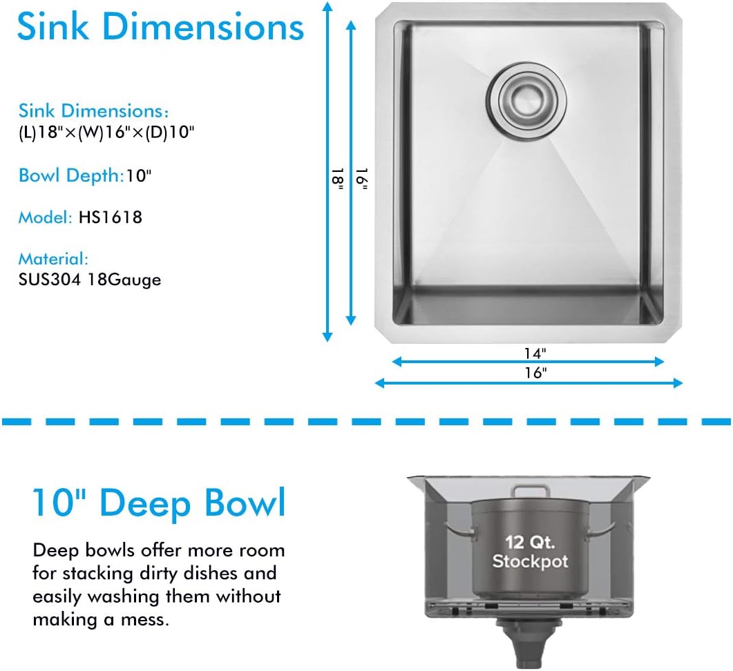 VADANIA 16-Inch Bar Prep Sink, 16"x18"x10", Single Bowl, Undermount, 18 Gauge T304 Stainless Steel, Satin Finish, with Strainer & Bottom Grid, cUPC listed