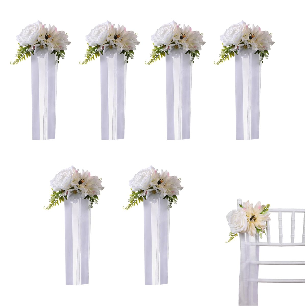 6 Stück Hochzeit Autoschmuck, Hochzeitsdeko, Vielseitige Hochzeits Stuhl Rückenblumen, Wiederverwendbare Künstliche Blume für Hochzeit, Zeremonie, Empfang, Blumendekorationen für Kirche Milchweiß