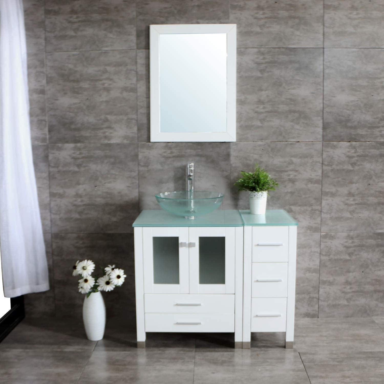 wonline 36” White Wood Bathroom Vanity Cabinet Tempered Clear Glass Vessel Sink Top Free Faucet Drain with Mirror Modern Vanities Set