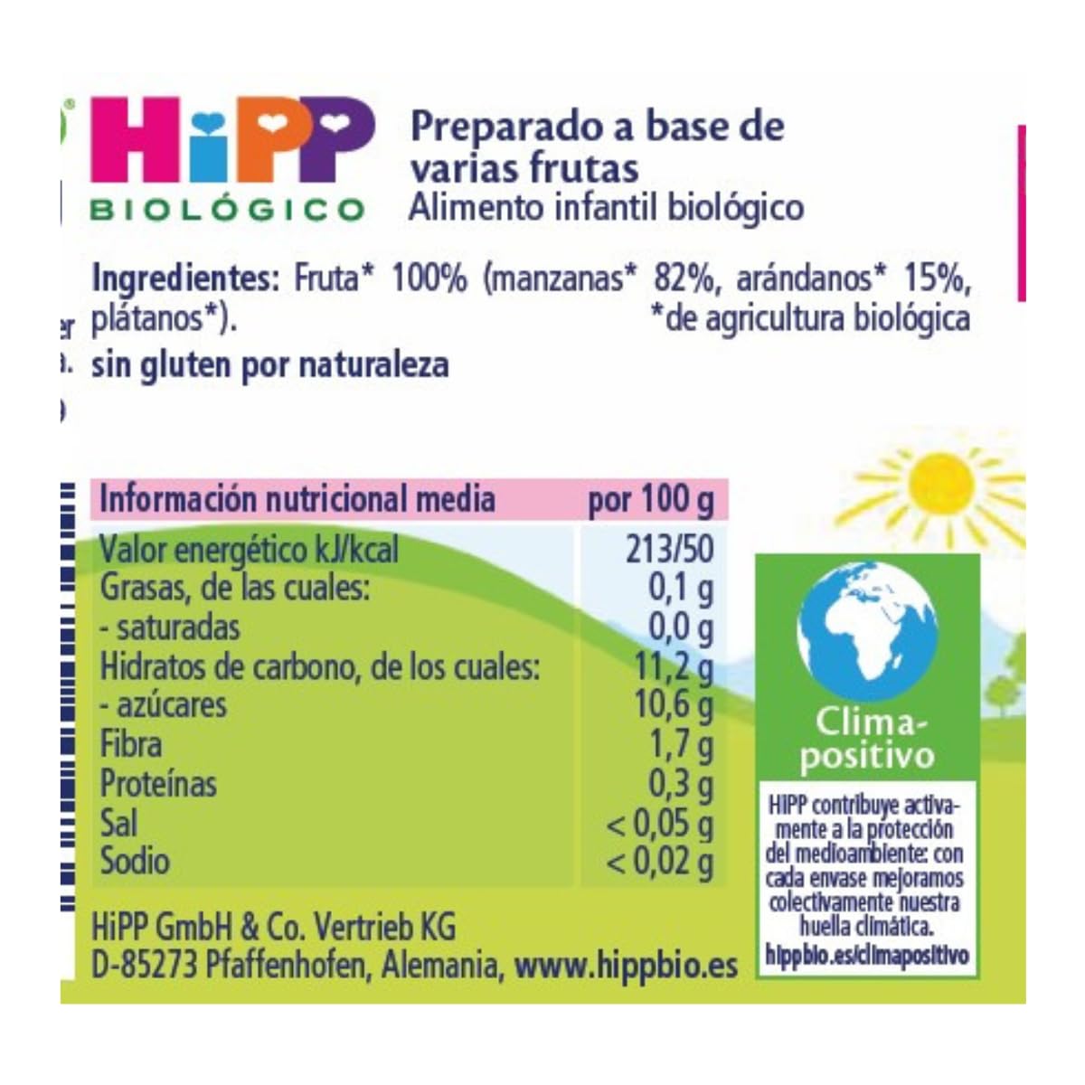 HiPP Biológico Papilla Mis Primeras Frutas Manzana con Arándano y Plátano BIO Pack 6x190g Sin Gluten Lactosa Azúcares Añadidos Apto 4 Meses