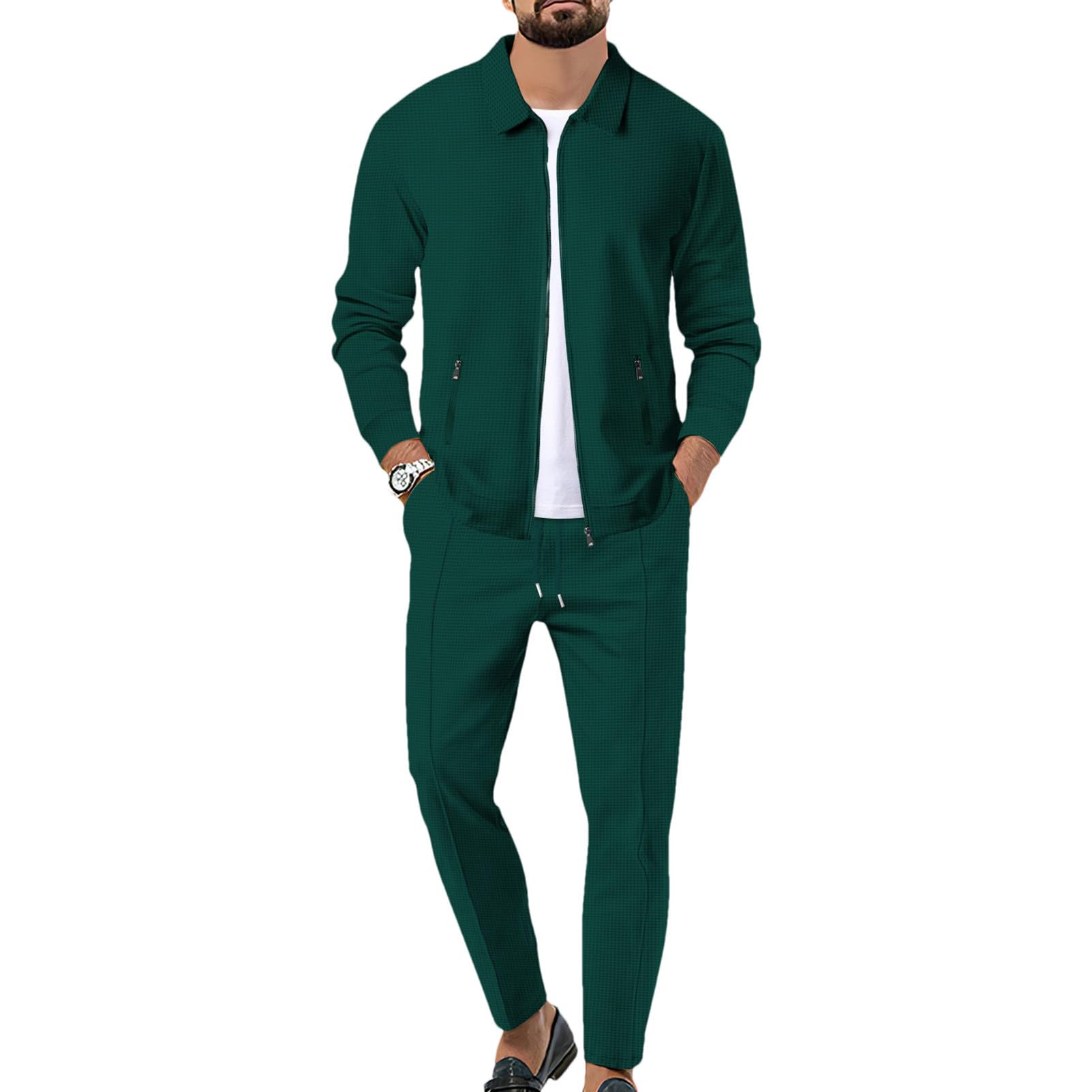 Hombre Chándales Waffle Manga Larga Cremallera Completa Chaqueta & Pantalón Juego de 2 Piezas para Casual Deporte Trabajo