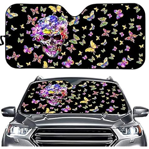 JEOCODY Colorful Skull Butterflies Pattern Windshield Sun Shade for Car Thick Foldable Universal Auto Accessrioes Window Visor Cover Cover