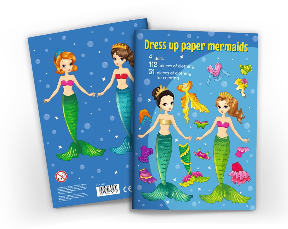 Dress up dolls to cut out paper doll playbook (4 dolls/mermaids) with clothes to dress up