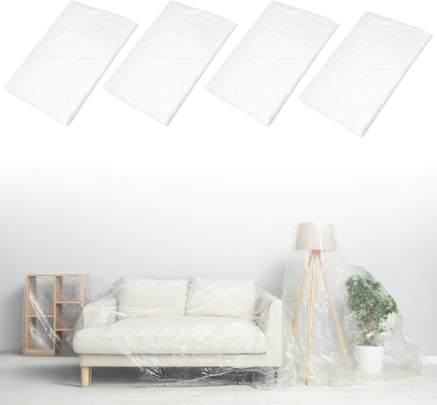 Pack of 4 Masking Film Painter Extra Strong Painter’s Film Cover Film Painter Tarpaulin Transparent Construction Film Tarpaulin for Painting Work Renovation Garden Furniture