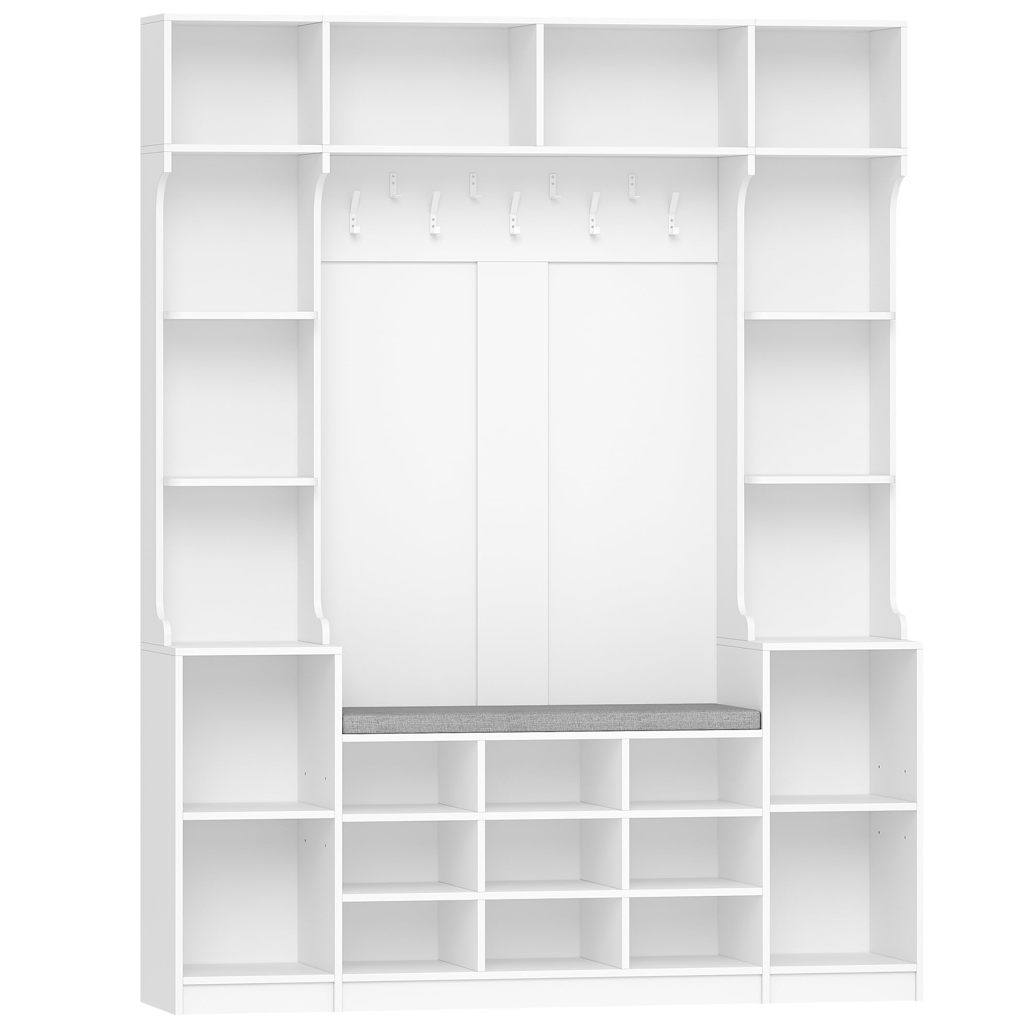 HEXCELEN Garderobenständer mit Schuhbank, 150 x 35 x 193,2 cm, mit 23 Offenen Fächern und 9 Haken, Verstellbare Regalbretter, für Flure, Eingangsbereiche, Wohnzimmer, Weiß