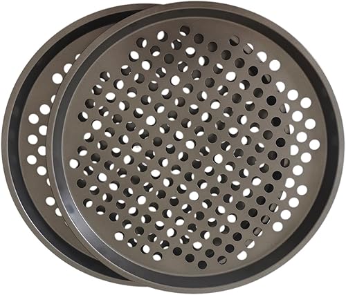 Miniatura 6 de Paquete de 2 sartenes para pizza con agujeros, bandeja de pizza para horno, sartenes perforadas de acero al carbono, molde redondo antiadherente