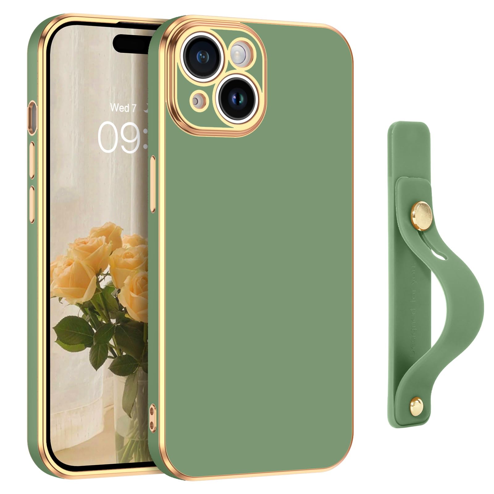 VENINGO iPhone 15 Case, iPhone 15 Phone Case,Slim Fit Soft TPU with Adjustable Wristband Kickstand Scratch Resistant Non Slip Shockproof Protective Cover for Apple iPhone 15 6.1 Inch 2023,Matcha Green