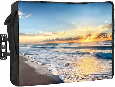 Outdoor TV Cover 80 to 85 Inch Weatherproof, Beach Ocean Waterproof Outdoor TV Enclosure with Side Pocket, Sunset Sea Waves Spray Sky Nature Landscape Television Protector Cover