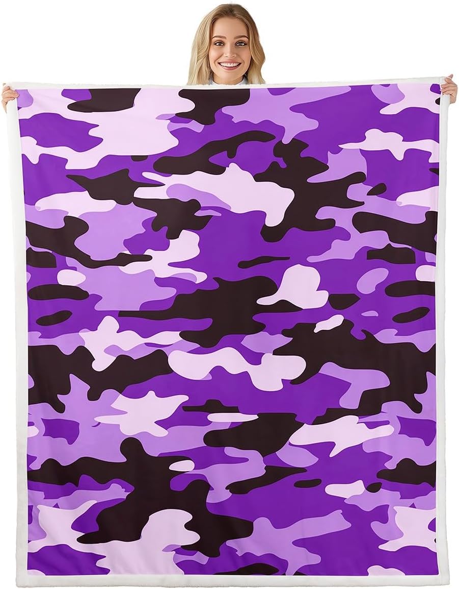 Purple Camo Throw Blanket for Kids,Army Camouflage Fleece Throw Blanket for Bedroom Sofa Dorm Decor,Purple Black White Lightweight Bed Blankets,40 x 50 Inches