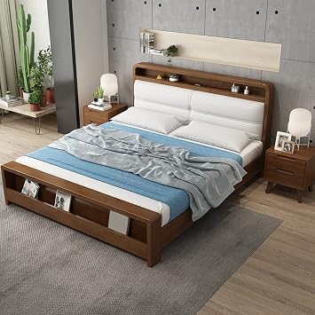 LITFAD Wood Panel Bed Nordic Bed Frame with Headboard Wooden Slats Support Bed Storage Not Included - Walnut Panel California King
