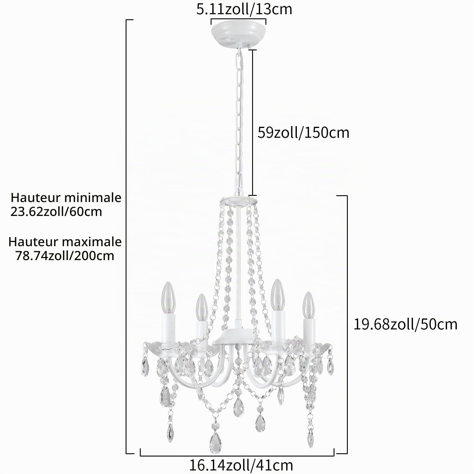 Lustre Cristal Suspension Luminaire, 4 Lumières Lustre Blanc