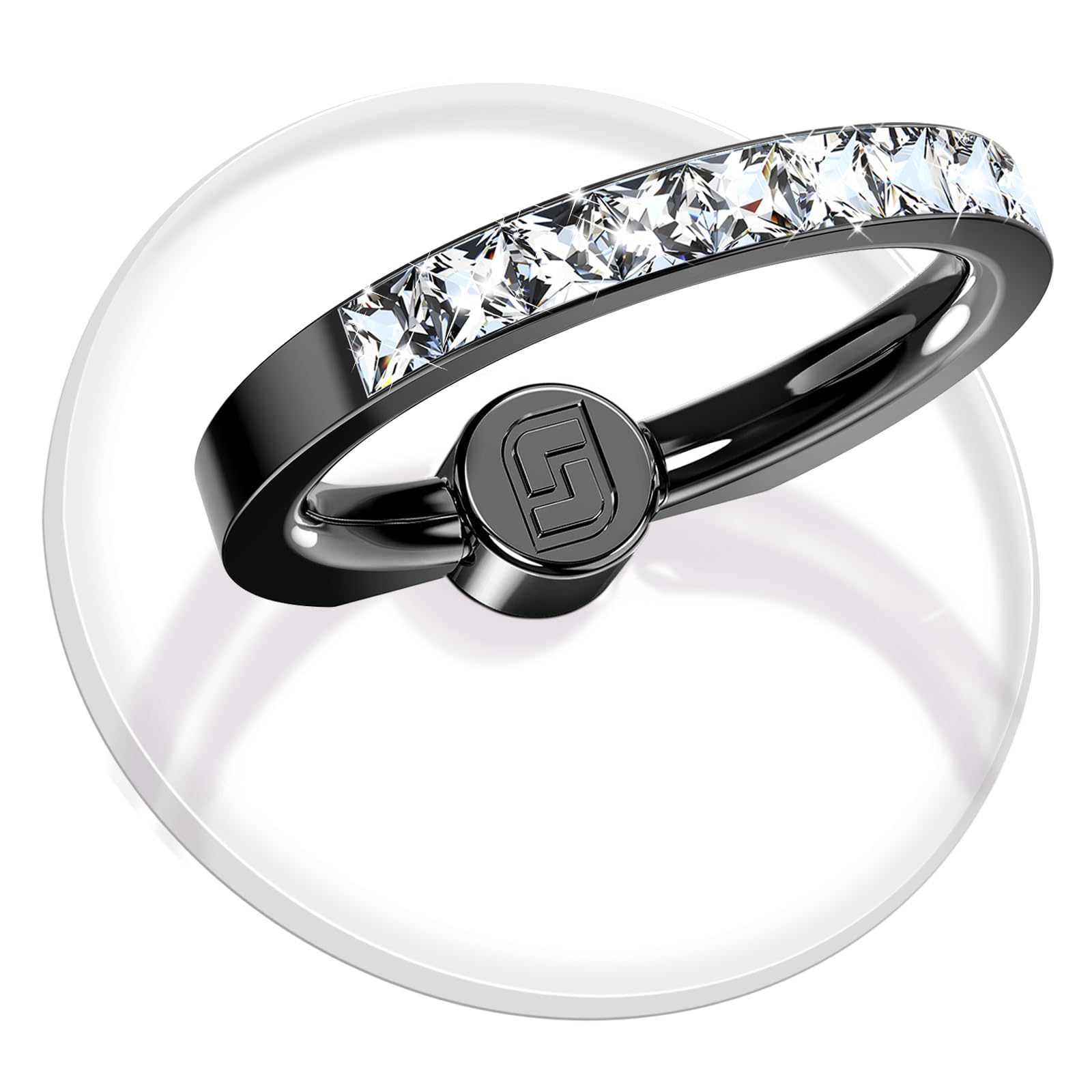 Transparent Phone Ring Holder 2 Pcs, Clear Cell Phone Ring Holder with Diamond, Finger Grip 360°Rotation Compatible with Most of The Phones, Tablet and Case (Black)