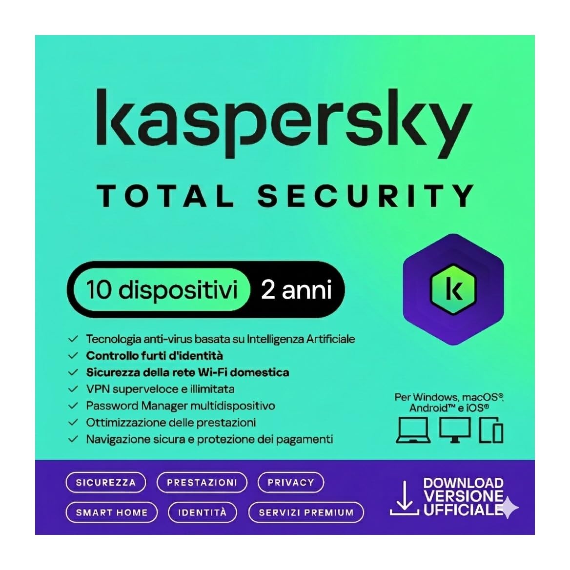 nextradeitalia Kaspersky Total Security 2026 PC/Mac/Android/iOS - 2 Anni- 10 DISPOSITIVI