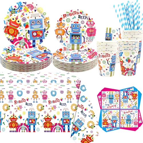 Kit anniversaire robot avec assiettes et nappe pour la décoration de table des enfants