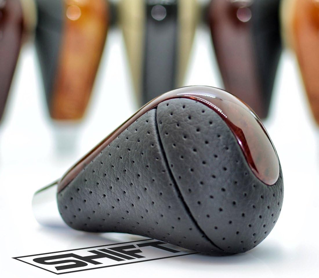 SHIFTIN Leather Cherry Brown Walnut Wood Gear Shift Knob Stick Shifter for Lexus ES GS-460 GS450h GS430 LS RX is SC (Punched Black Leather / Cherry Brown)