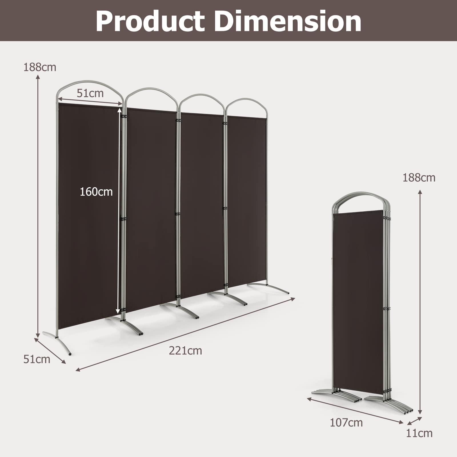 GOPLUS Paravent Pliable à 4 Panneaux, Brise Vue Intérieure et Extérieure avec Support en Métal,Paravent de Chambre Retractable 221 x 188 CM, pour Salon, Chambre, Bureau (Marron)