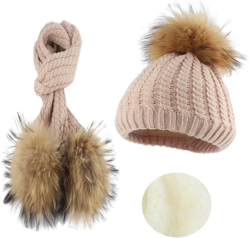Kids' Raccoon Dog Fur Pom Pom Hat & Scarf Set, Detachable Genuine Fur Ball, Thermal Cable Knit Winter Set for Boys