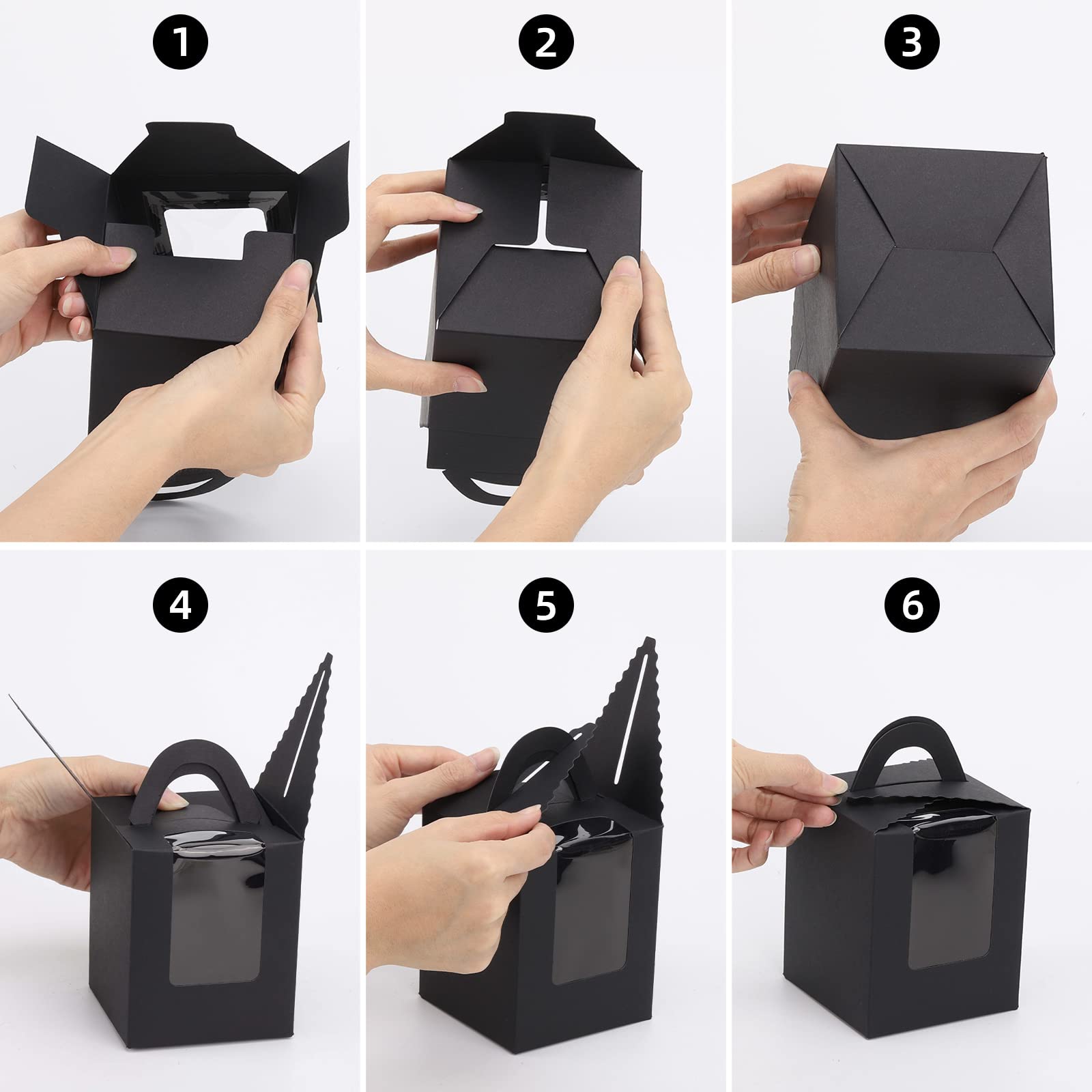 100 cajas de magdalenas negras con ventana individual individual con asa e insertos para bodas, fiestas de cumpleaños, regalos
