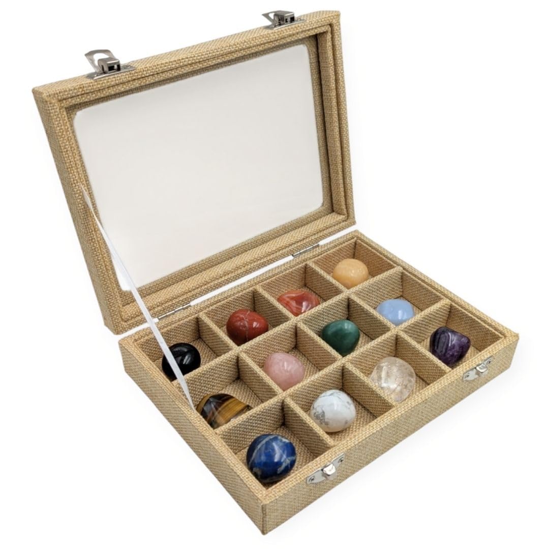 Coffret 12 Pierres Naturelles de Lithothérapie – Kit Énergie & Bien-Être avec Boîte de Rangement, Pochette, Guide PDF – Débutant & Passionné