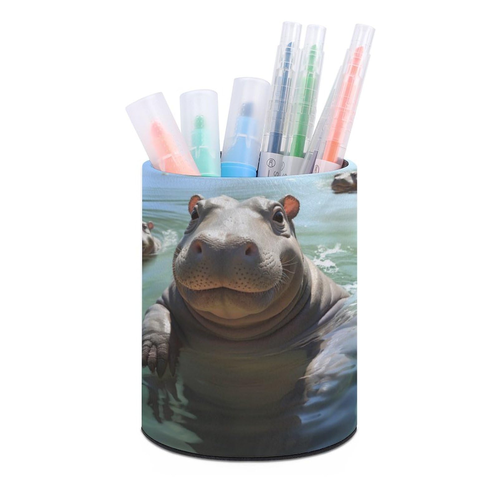 JTREHY Round Pen Holder,Cute Hippos Printed Makeup Brush Storage Box Desktop Stationery Storage Cup Office Accessories Storage Box Pencil Storage Box for Home Office Dressing Table