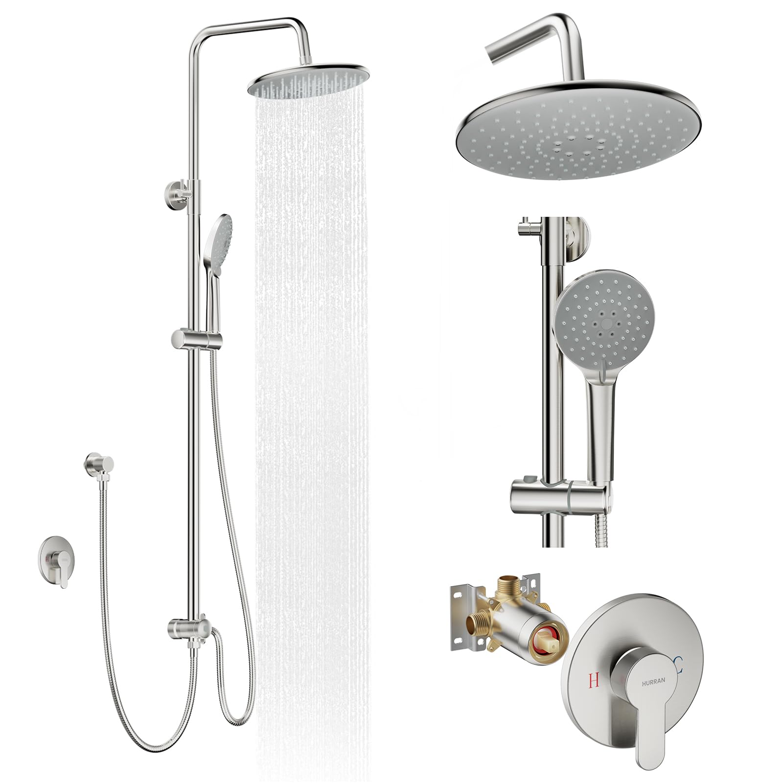 Sistema doccia con soffione a pioggia da 25 cm e doccetta a mano, set rubinetto doccia a parete a 3 funzioni con supporto regolabile in altezza, kit di finitura doccia con valvola inclusa, nichel s