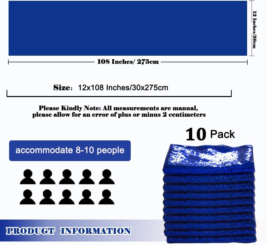 10 Pack Sequin Table Runners 12x108 Inches Table Runner for Wedding Glitter Table Runners Table Runner 108 Inches Birthday Wedding Party Decorations (Blue, 10)