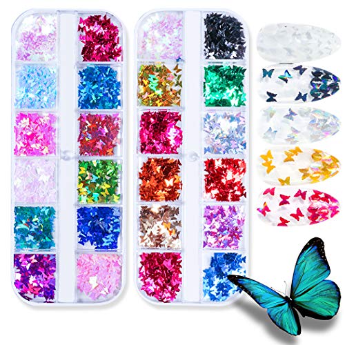 WOKOTO 24 Color/Set Laser Butterfly Nail Glitter Sequins Manicure Salon Holographic 3D Nail Art Decoration Kit for Women