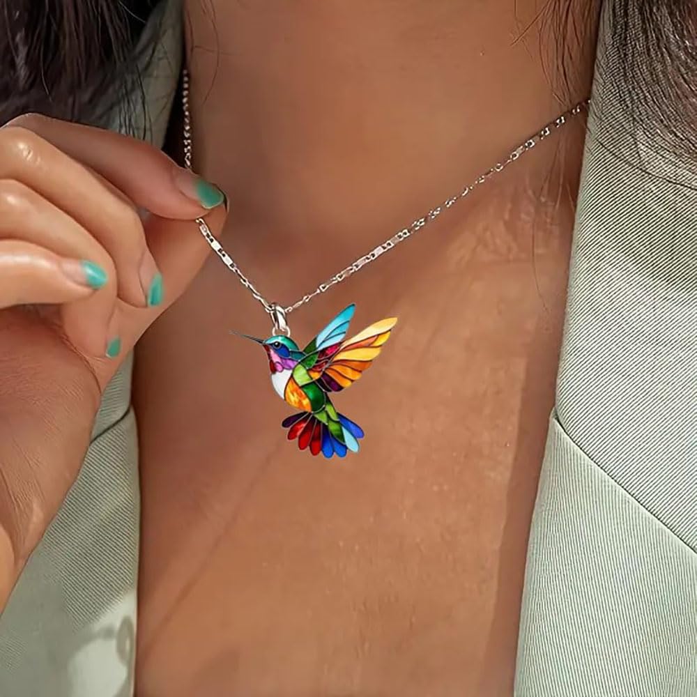 Hummingbird Necklace for Women, Sterling Silver Humming Bird Necklaces Hypoallergenic Funny Charm Pendant Colorful Blue Purple Green Animal Trendy Jewelry