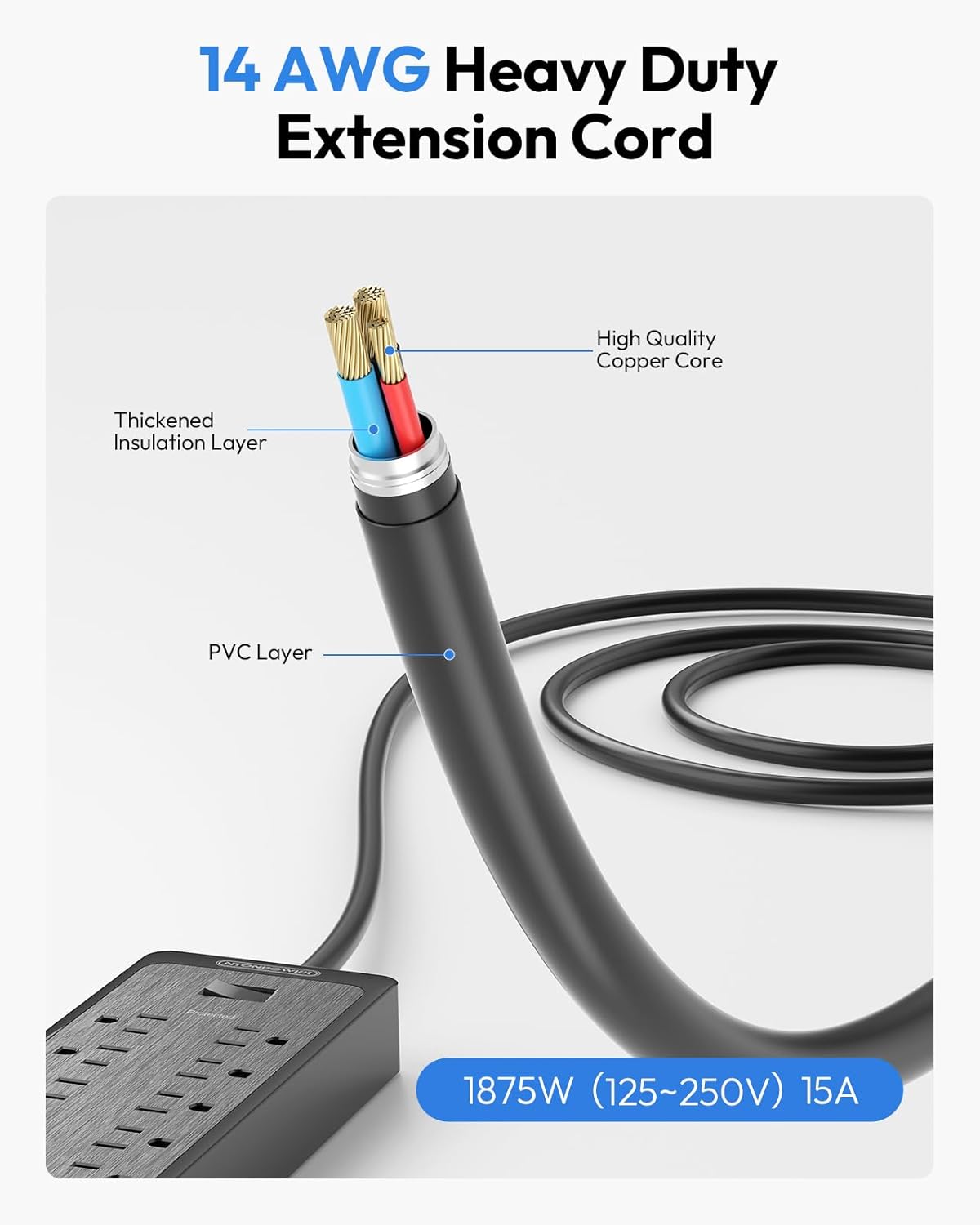 NTONPOWER 25 Ft Extension Cord Flat Plug, 12 Outlets(2 Widely Space) 3 USB with 2100J Surge Protector Power Strip, Overload Protection, 1875W/15A, Wall Mount for Home Office, Workbench or Garage,Black 6 61ObEXTDWmL. AC SL1500