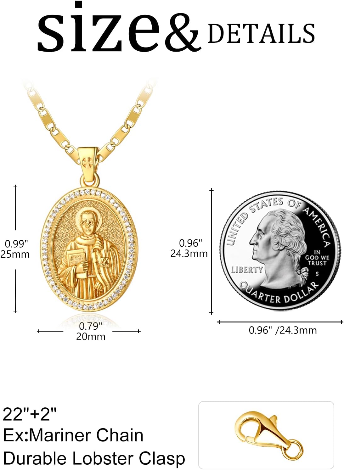 Patron Saint Medals, 14k Gold Plated Sterling Silver Catholic Pendant Necklace, Inlaid Cubic Zirconia, Christian Jewelry Gift For Women with 22"+2" Mariner Chain - Image 6