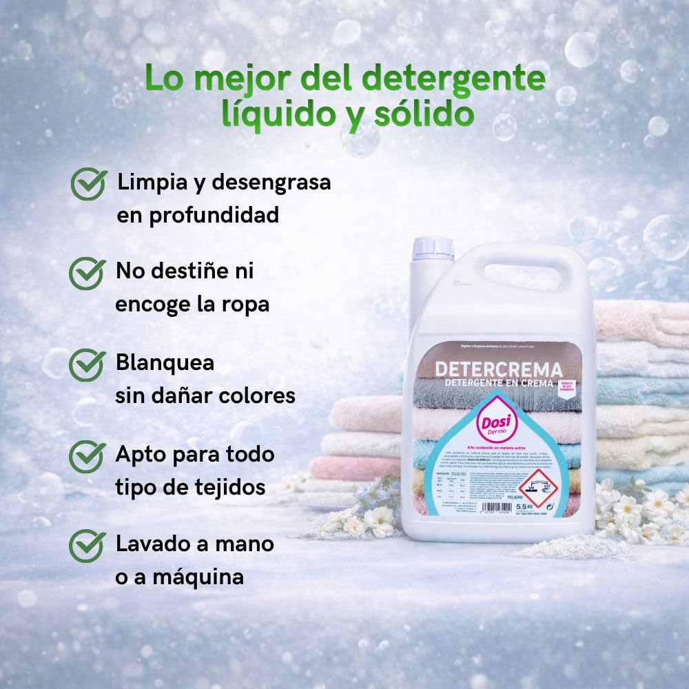 Detergente en Crema Detercrema 5,5 KG Profesional | 110 Lavados | Desengrasante Potente para Ropa Blanca y de Color | Lavado a Mano y Máquina | No Destiñe ni Encoge