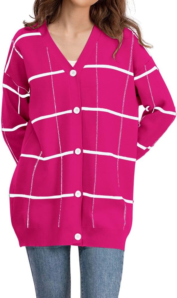chouyatou Women's Vintage Plaid Button Down Cardigans Color Block V Neck Knit Cardigan Sweater Jacket Coat