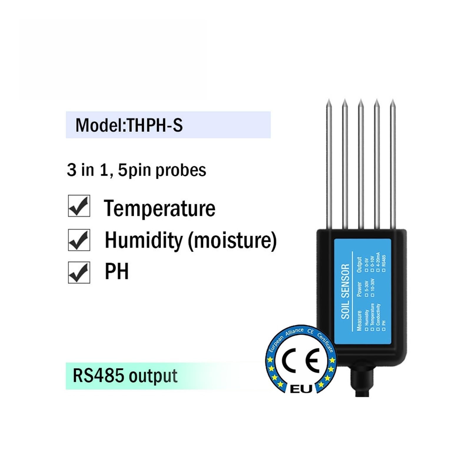 Medidor de Suelo Sensor de Humedad del Suelo, Temperatura, Humedad, CE, pH y NPK con Salida RS485 Opcional de 4-20 mA y 0-5 V(THPH-S)