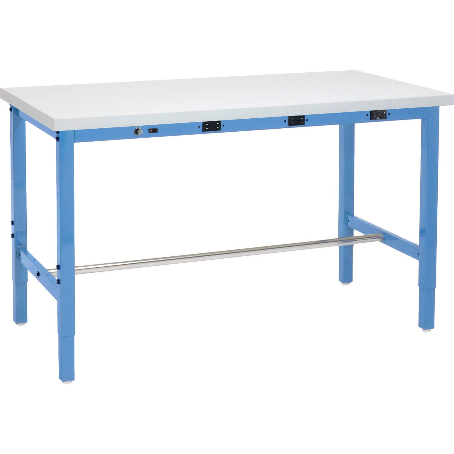 Global Industrial 96" Wx36 D Adjustable Height Workbench, Power Apron, 1-5/8" Thick Plastic Laminate Square Edge, Blue