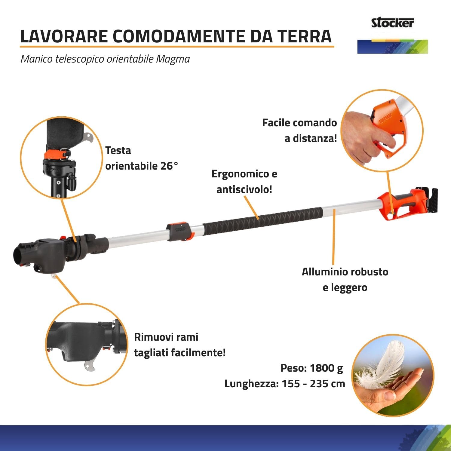 STOCKER - Kit Potatura con Forbice Elettrica Magma E-35 TP 21V, Asta Telescopica Orientabile, Batteria Fast Charge 2,6Ah e Olio Spray – Taglio fino a 35 mm, Garanzia Estendibile fino a 5 Anni