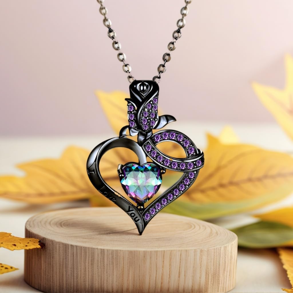 VOLUKA Created Opal/Amethyst/Mystic Topaz Pendant Necklace for Women,18K White/Rose Gold Plated Chain Wedding Engagement Jewelry Gift