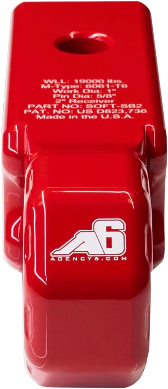 Agency 6 Soft Shackle Block – 19,000 lb WLL, 65K+ Break – Fits 2” Hitch Receiver – CNC Machined USA Made – Off-Road Towing & Recovery Gear Compatible with Soft or 7/8” D-Ring Shackles (Red)