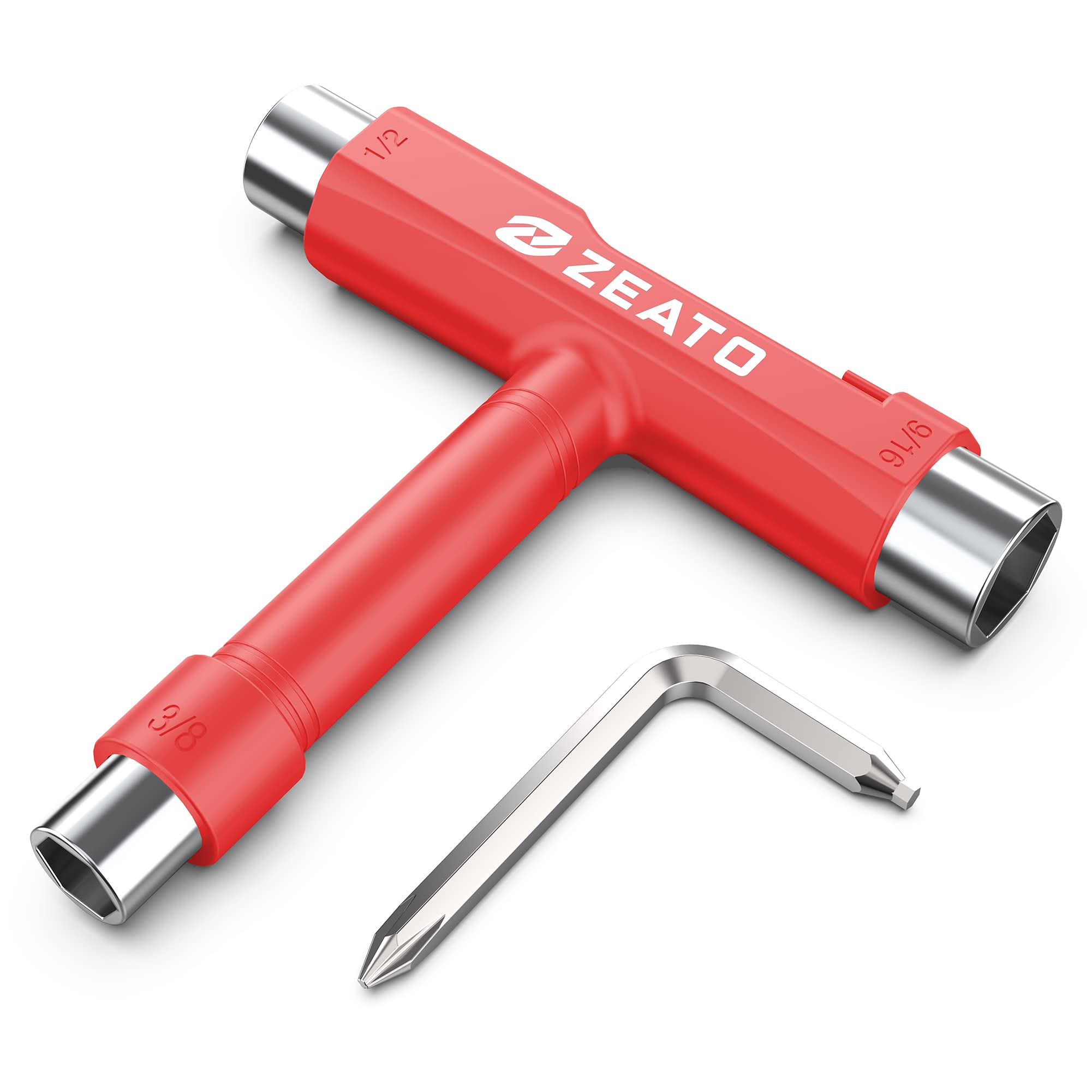 All-in-One Skate Tools Multi-Function Portable Skateboard T Tool Accessory with T-Type Allen Key and L-Type Phillips Head Wrench Screwdriver - Red