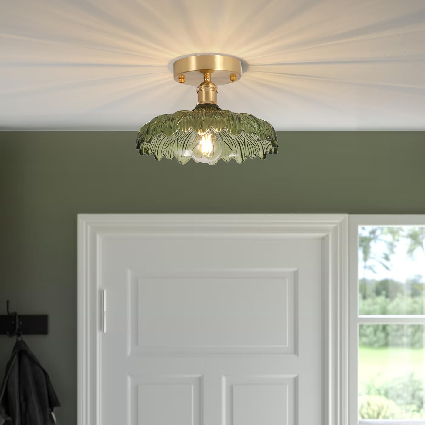 Shenmoyl Semi Flush Mount Ceiling Light, Gold Hallway Lights Fixture Ceiling with Green Flower Glass, Bulb Included, 4.72" Base Vintage Ceiling Light Fixtures for Porch Corridor Kitchen Bedroom