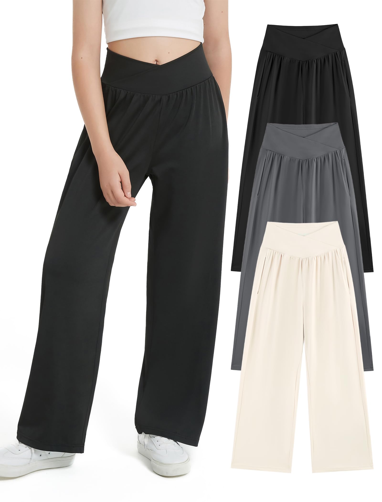 EXARUS 3 Pack Girls Wide Leg Pants Baggy/Tapered Loose Casual School
