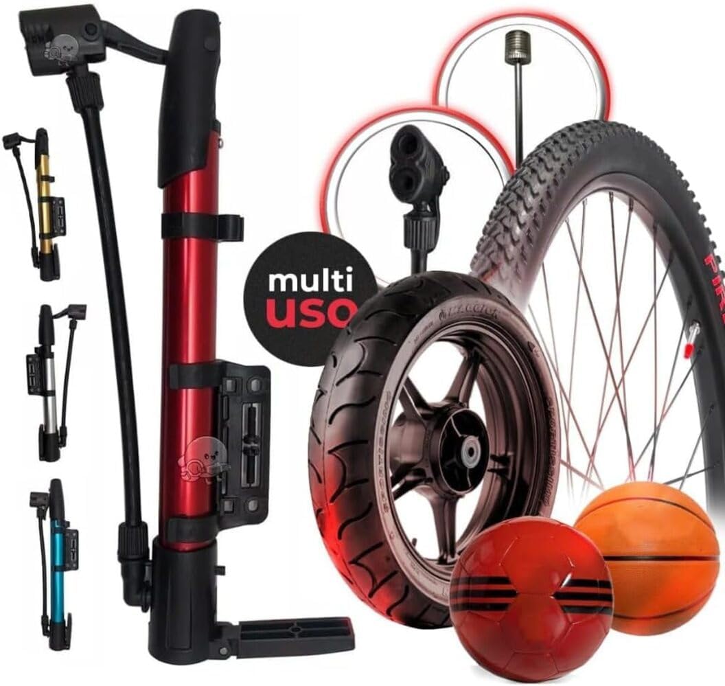 Bomba de Ar Manual Portátil Multiuso com Mangueira e Bicos Adaptadores para Bola, Pneu de Bike, Moto, Piscina e Colchão Inflável, Compacta e Leve, Fácil de Usar – Linha Premium