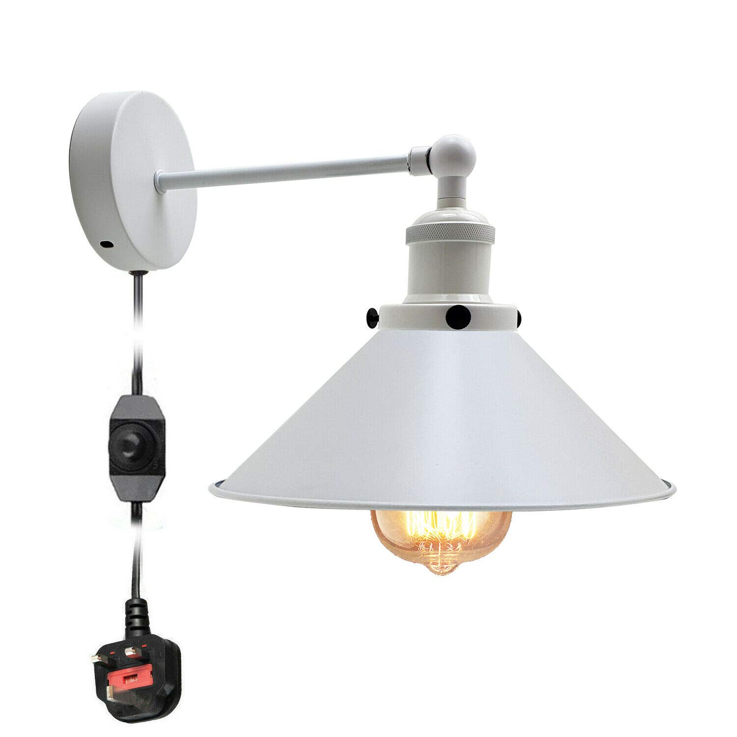LEDSone Industrial Swan Neck Metal arm Plug in Wall Light, Vintage Wall Lamp, Wire cage Wall Sconce E27 Base lamp Holder with On/Off Switch for Office (White) โ image 1