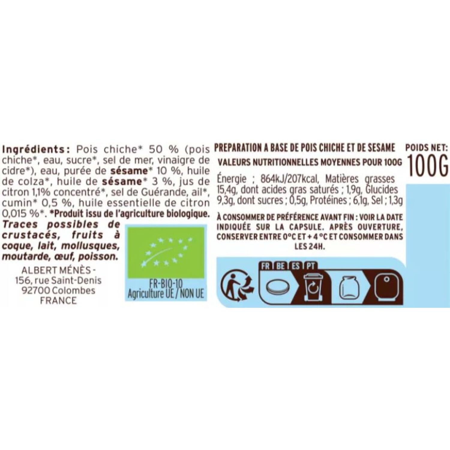 ALBERT MENES Houmous Bio au Cumin et Citron - Pot en Verre de 100 g - Recette Méditerranéenne à l'Ail et au Sésame - Conditionné en France - Lot de 6