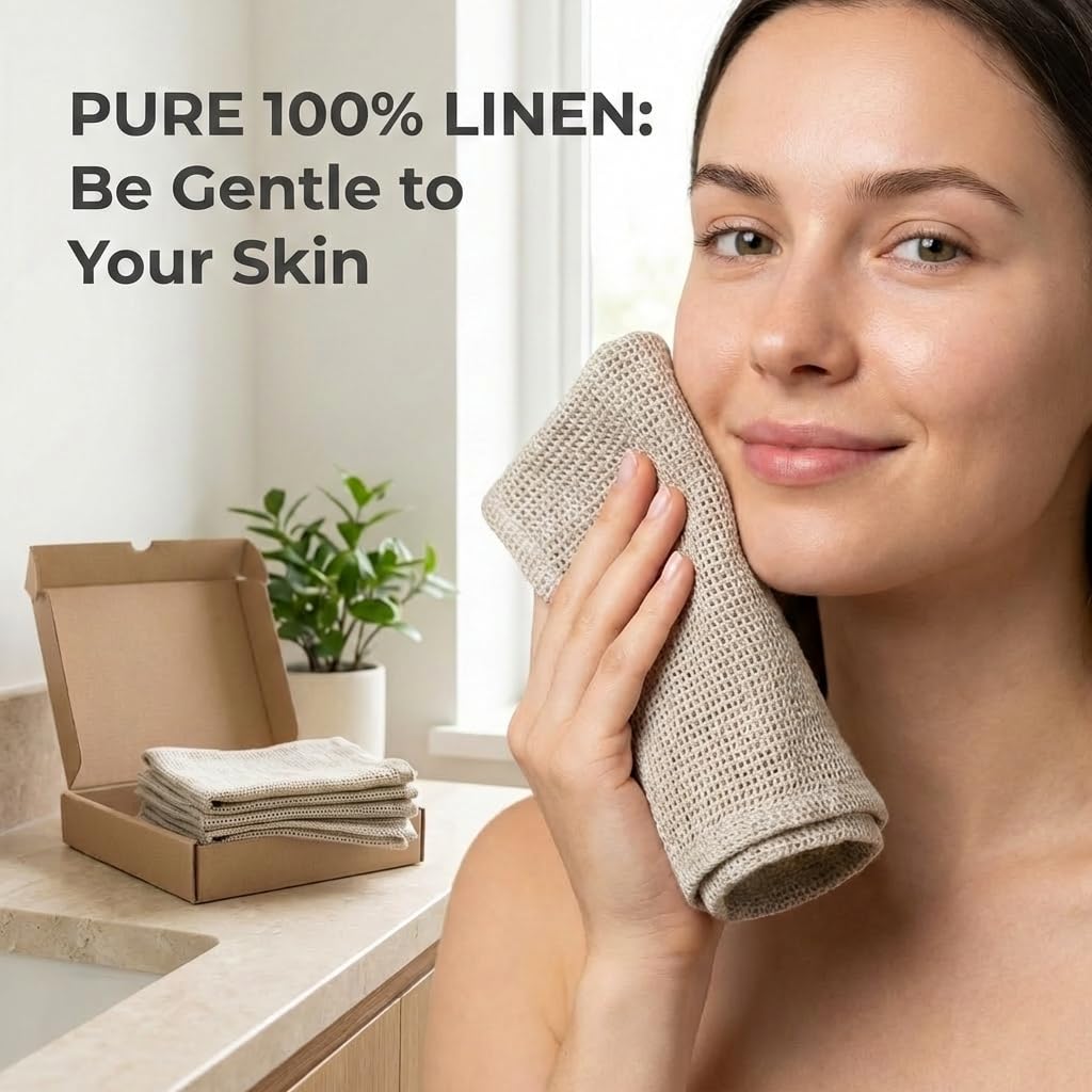 Paños removedores de maquillaje reutilizables – Paños 100% lino puro – Paquete de 6 toallitas faciales lavables de tejido abierto de 8 x 8 pulgadas