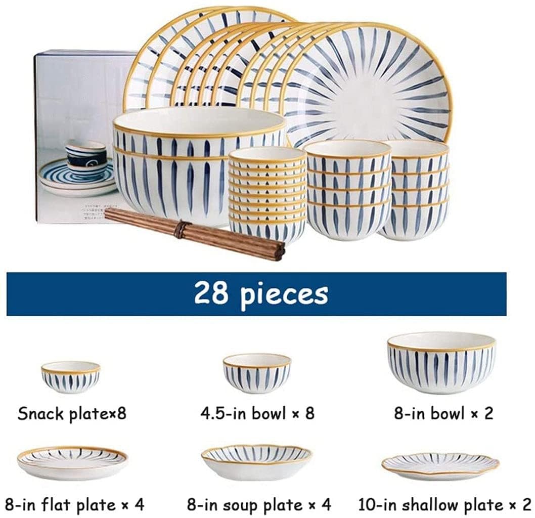 Juego de vajilla de Porcelana, 28 Piezas, Estilo japonés, de cerámica, con Plato y Cuenco, para Restaurante, Color Azul y Blanco.