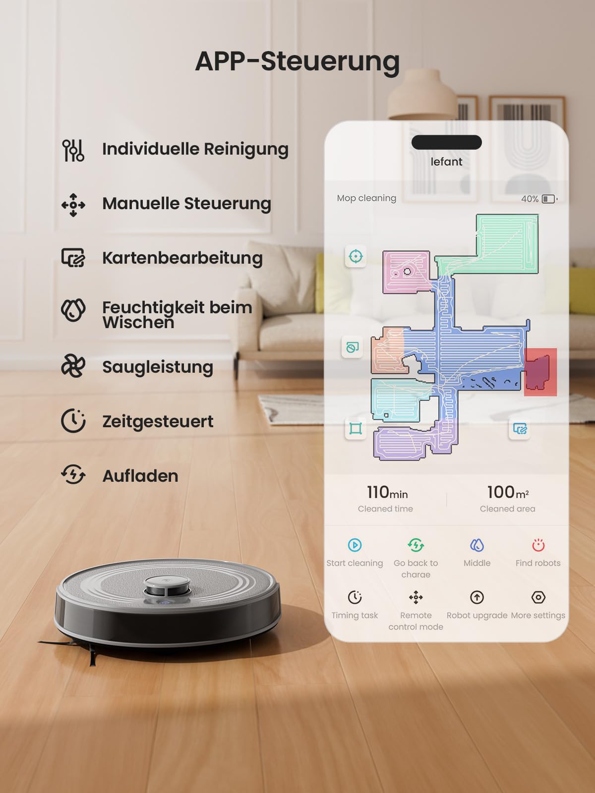 Lefant M2S Saugroboter mit Wischfunktion, 10000 Pa Starke Saugkraft, 240 Min Laufzeit, dToF-Lasernavigation, PSD-Hindernisvermeidung, App-Steuerung, No-Go-Zonen, personalisierte Reinigung, Grau