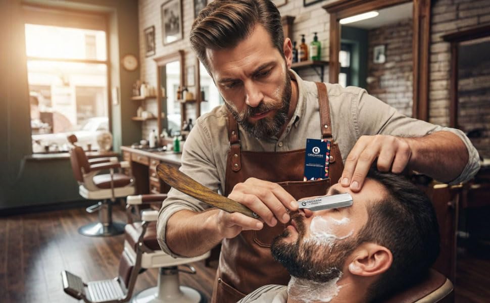 Image of ORGANIM Professional Wood Ustra for Men - Stainless Steel Straight Razor Salon for Barber Shaving - Saloon Style Manual Shave Ustra with Premium Wooden Handle - Beard Shaping & Lining (round wooden set of 2)
