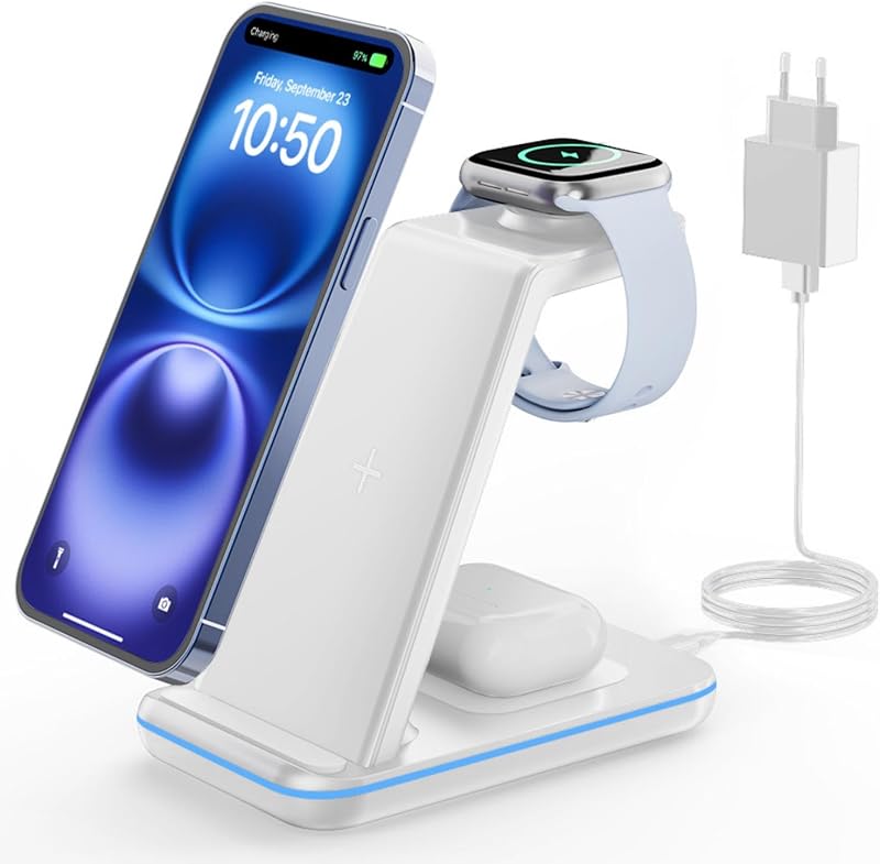 GEEKERA Stazione Ricarica per Apple, Caricatore Wireless per iPhone Air/17/16/15/14/13/12/11/X/8, Postazione Ricarica per Apple Watch Ultra/11-2/SE, Base Ricarica Wireless per AirPods Pro-2, Bianco